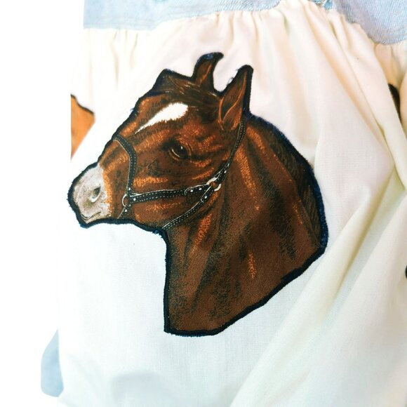 The Limited Upcycled Girls Denim & Cotton Skirt Horse Print Ruffle Hem Size 12 - Picture 9 of 11